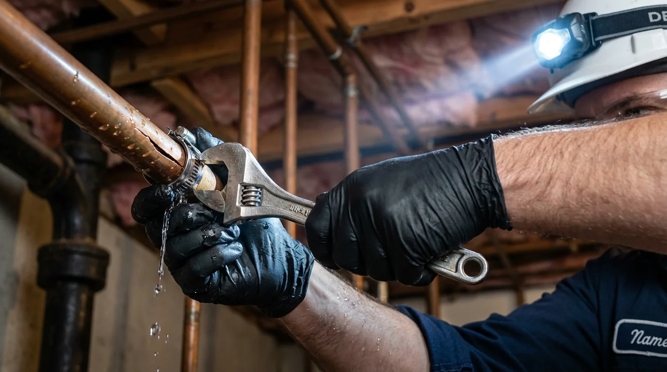 Emergency pipe clamp repair being performed by a Johns Plumbing LLC plumber in York