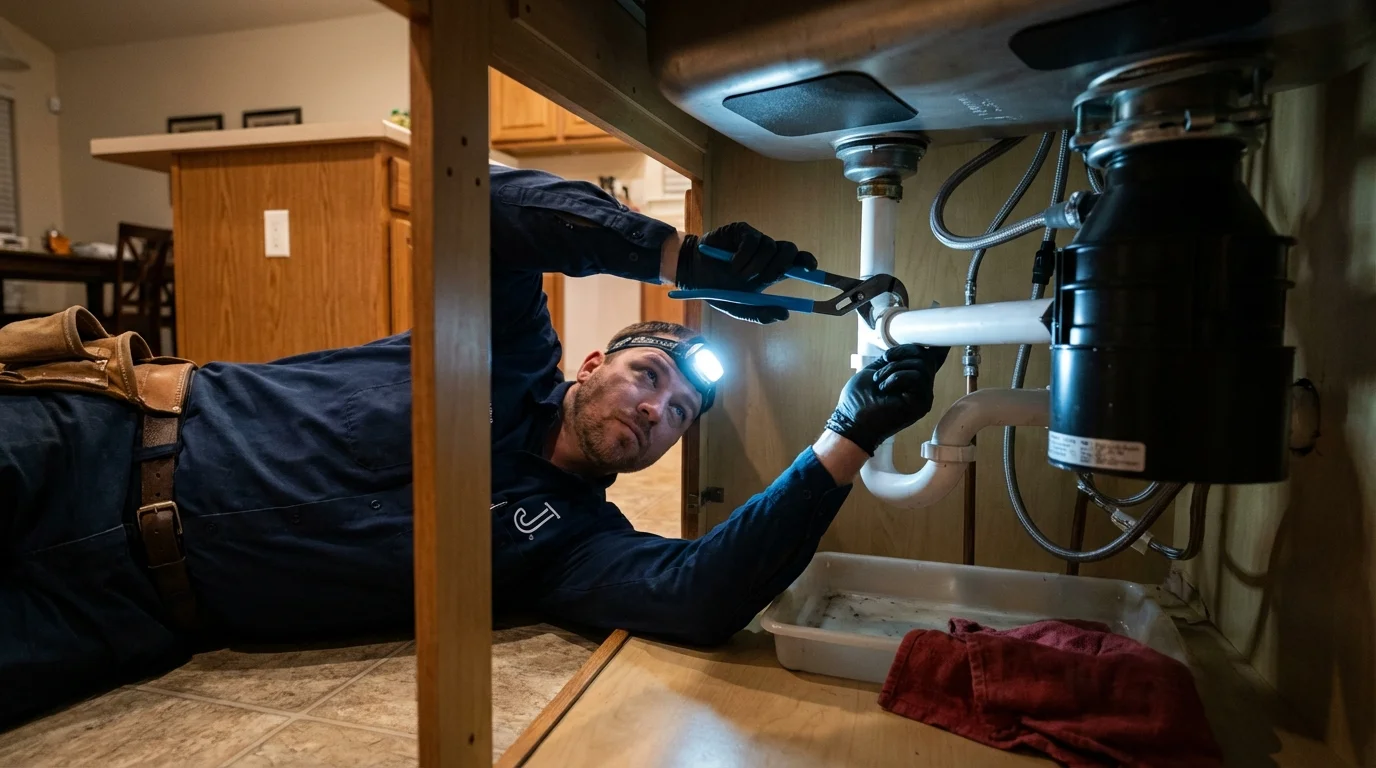 P-trap and supply line connections under a kitchen sink showing a common leak point in York, PA